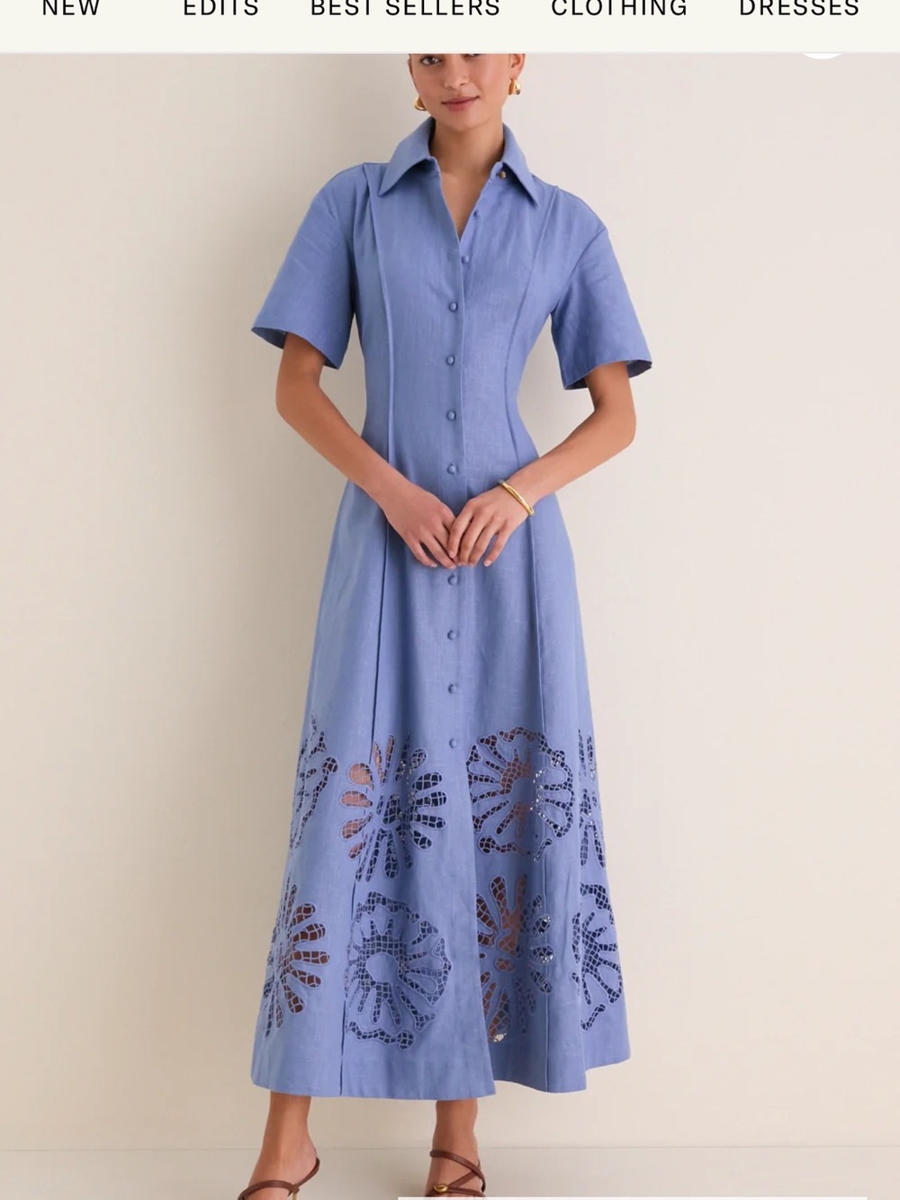Sage Blue Button-Front Maxi Dress with Laser-Cut Hem